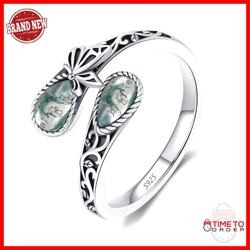 Adjustable Sterling Silver Moss Agate Statement Ring, Size 8 Fits 7-9, Gift Box